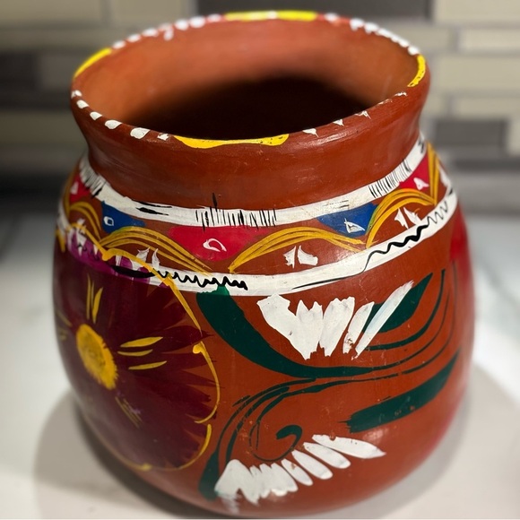2/$25 Hand Painted Terracotta Vase with Floral Design with Folk Art - Picture 4 of 6
